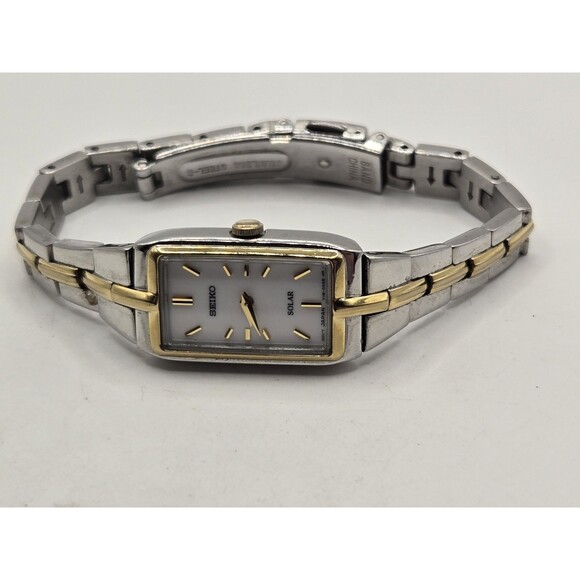 Seiko Solar Tank Ladies' 15mm Watch White Dial Two Tone V116-0Ah0. Runs Well. 6" - Picture 7 of 9